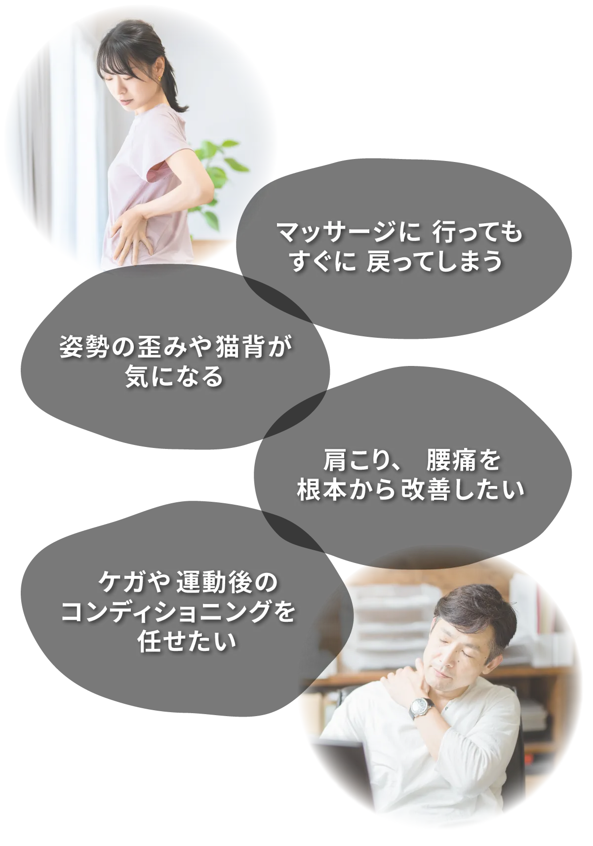 マッサージに行ってもすぐに戻ってしまう、姿勢の歪みや猫背が気になる、肩こり、腰痛を根本から改善したい、ケガや運動後のコンディショニングを任せたい